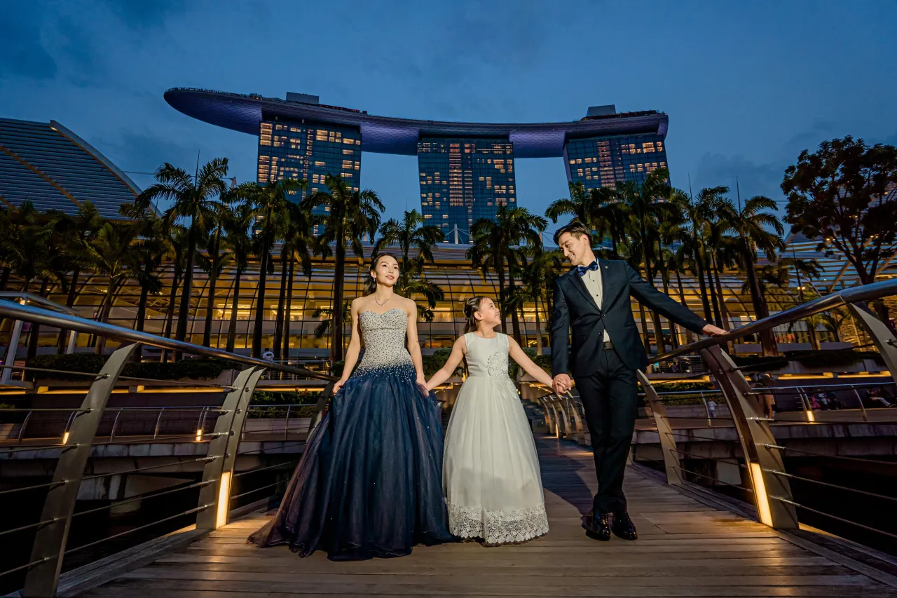 Family photoshoot wardrobe Singapore - gowns and suits from the Cang-Ai studio