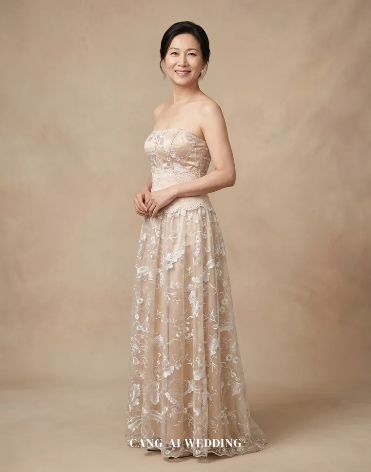 Champagne strapless lace mother's gown