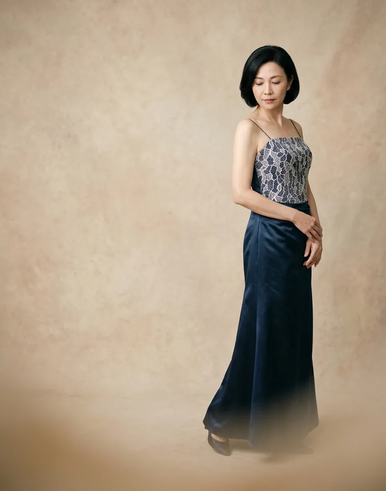 Navy satin mother's evening gown
