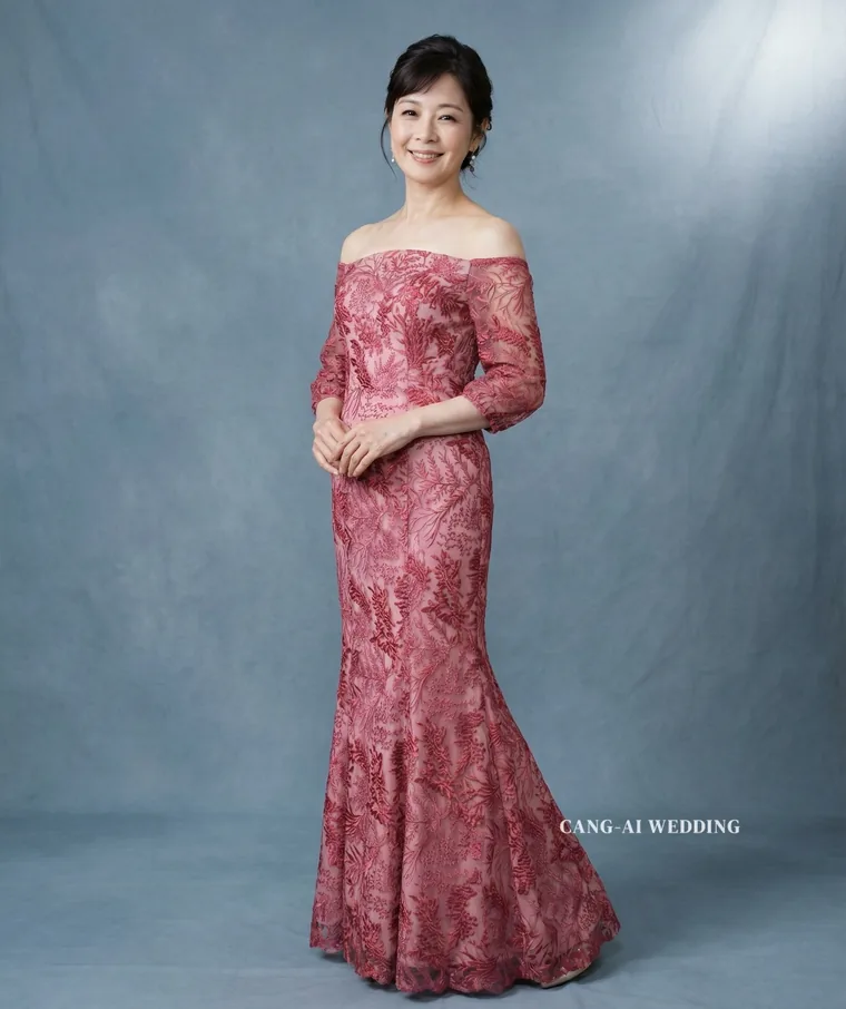 Rose lace off-shoulder mother-of-the-bride gown at Cang-Ai